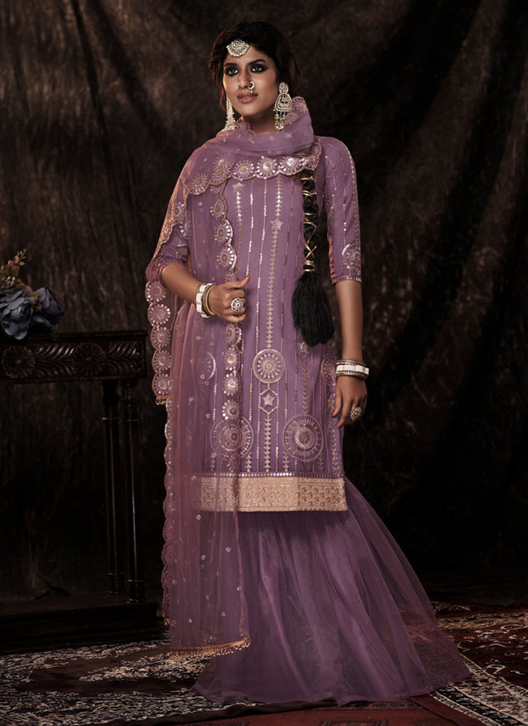 Onion Pink Color Elbow Sleeves Fully Sequins Work Sharara Suit Clothsvilla