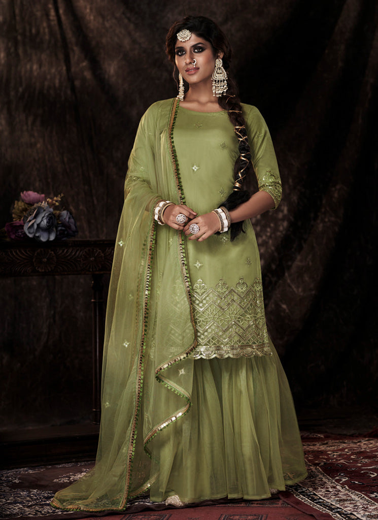Parrot Green Color Elbow Sleeves Fully Sequins Work Sharara Suit Clothsvilla