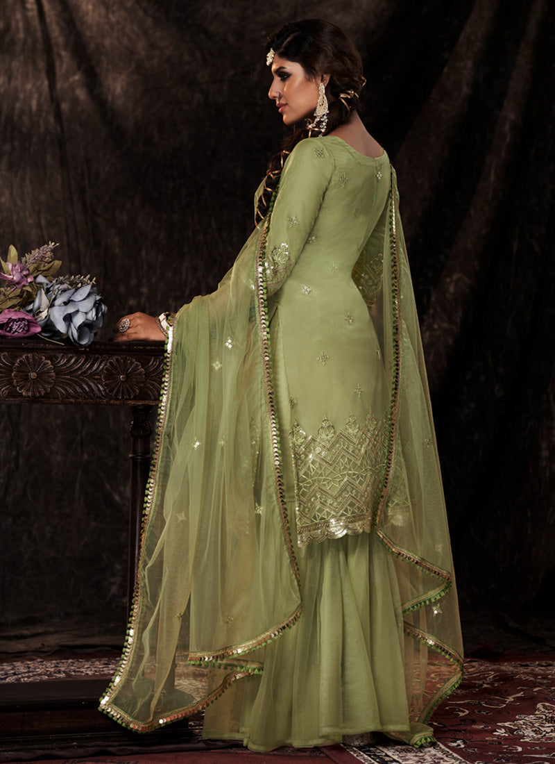 Parrot Green Color Elbow Sleeves Fully Sequins Work Sharara Suit Clothsvilla