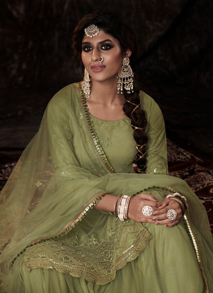 Parrot Green Color Elbow Sleeves Fully Sequins Work Sharara Suit Clothsvilla