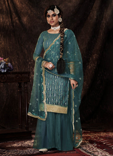 Turquoise Color Elbow Sleeves Sharara Suit With Fully Sequins Work Clothsvilla