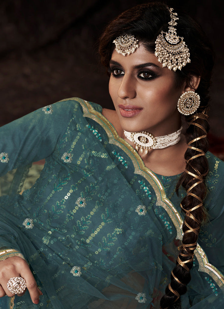 Turquoise Color Elbow Sleeves Sharara Suit With Fully Sequins Work Clothsvilla