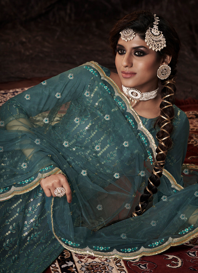 Turquoise Color Elbow Sleeves Sharara Suit With Fully Sequins Work Clothsvilla