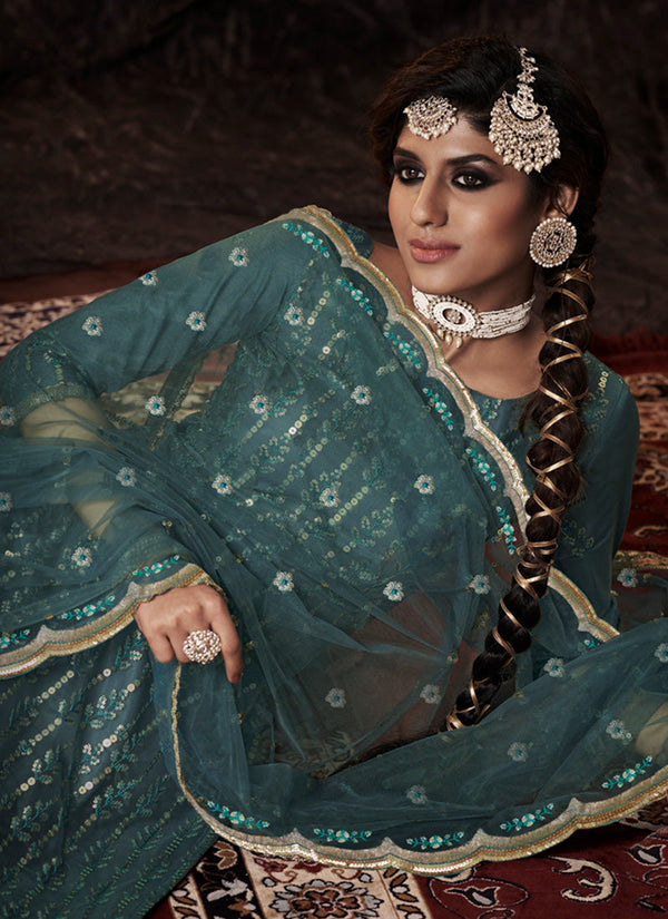 Turquoise Color Elbow Sleeves Sharara Suit With Fully Sequins Work Clothsvilla