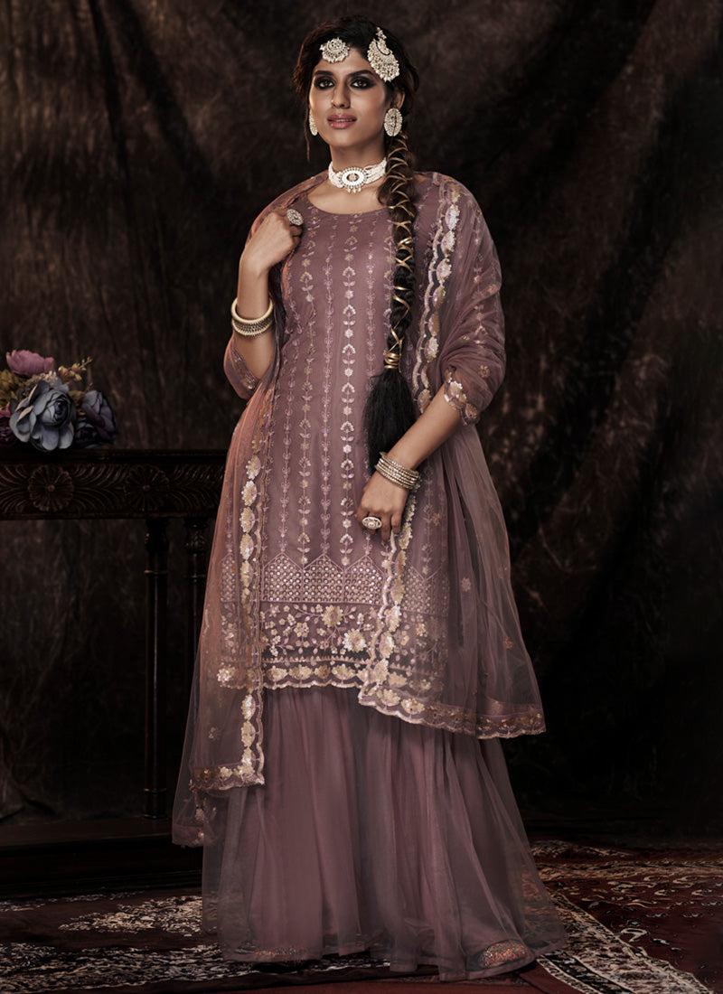 Lilac Color Elbow Sleeves Sharara Suit With Fully Sequins Work Clothsvilla