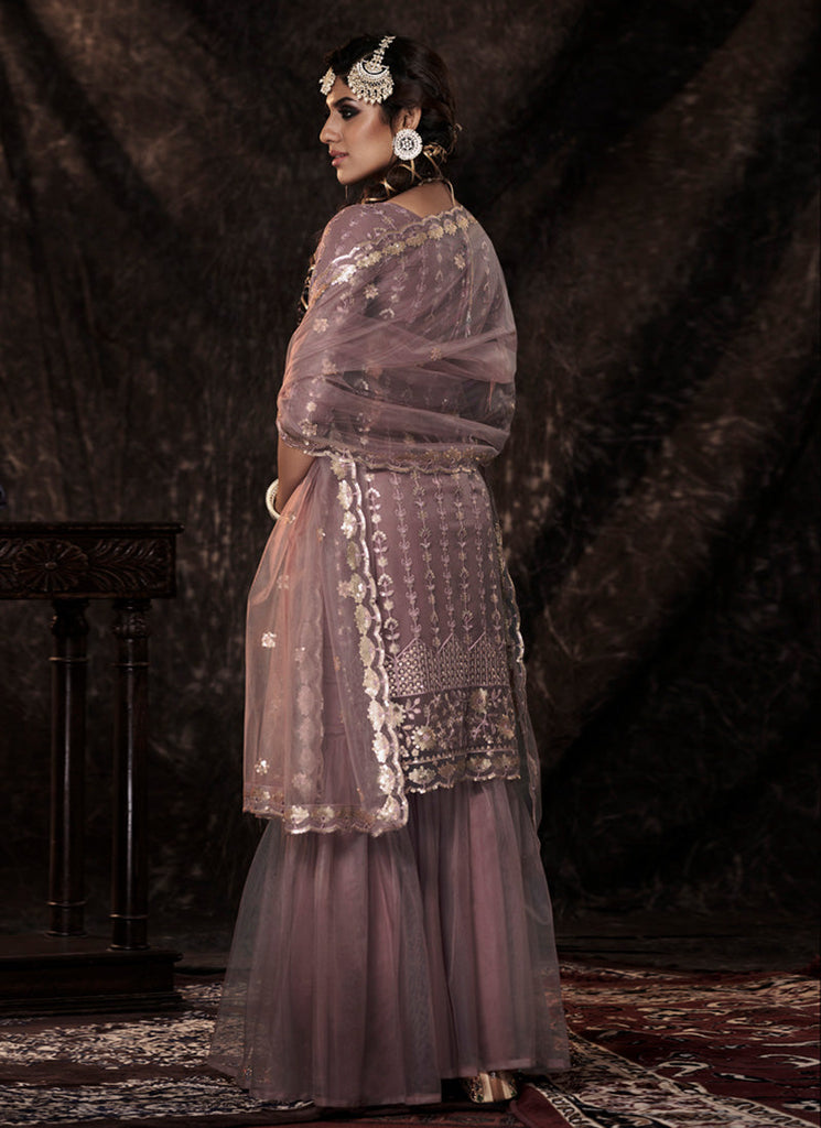 Lilac Color Elbow Sleeves Sharara Suit With Fully Sequins Work Clothsvilla