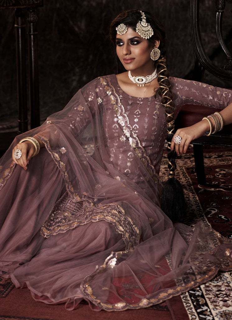 Lilac Color Elbow Sleeves Sharara Suit With Fully Sequins Work Clothsvilla