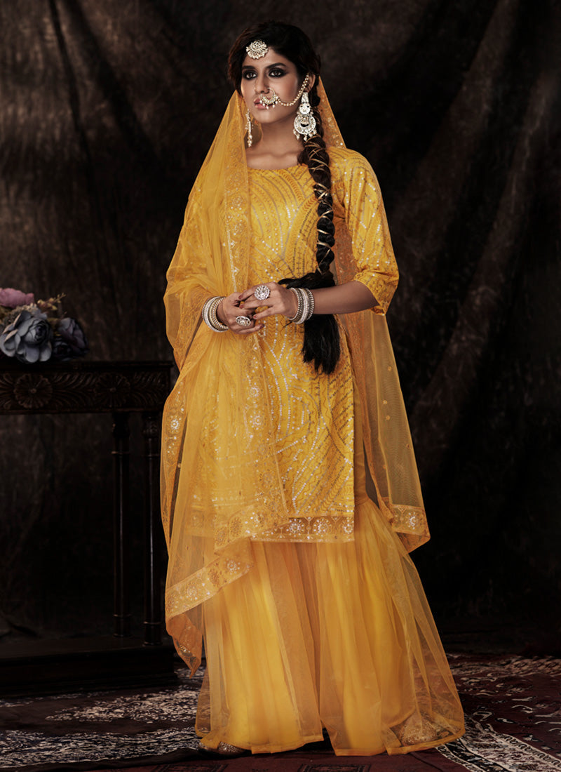 Mustard Yellow Color Elbow Sleeves Sharara Suit With Fully Sequins Work Clothsvilla Main image