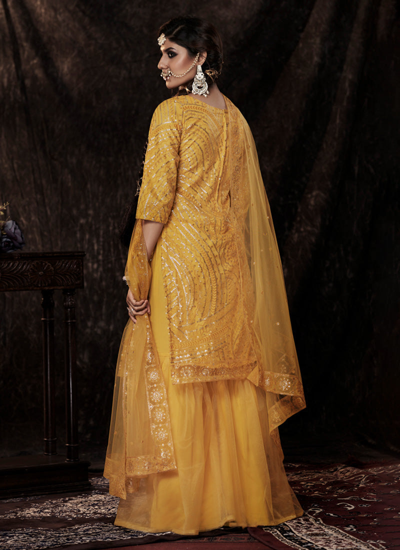 Mustard Yellow Color Elbow Sleeves Sharara Suit With Fully Sequins Work Secondary image