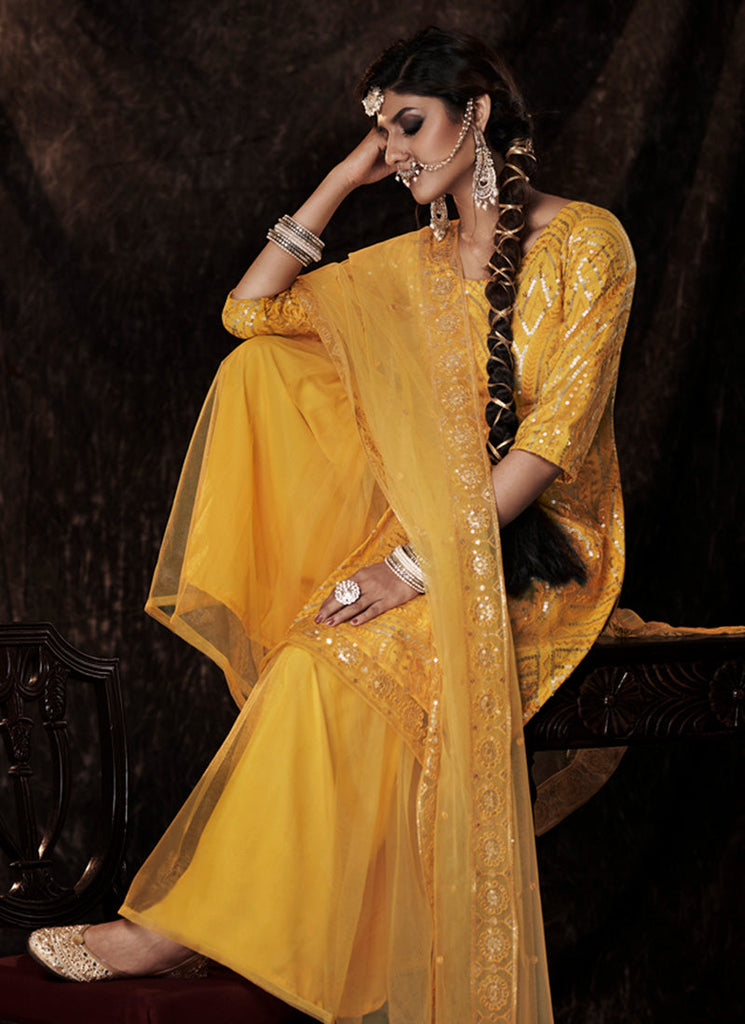Mustard Yellow Color Elbow Sleeves Sharara Suit With Fully Sequins Work Clothsvilla