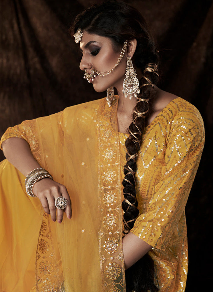 Mustard Yellow Color Elbow Sleeves Sharara Suit With Fully Sequins Work Clothsvilla