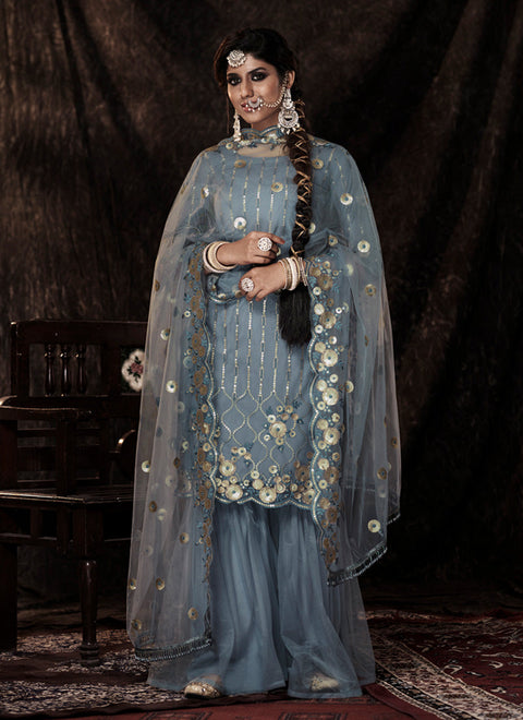 Grey Color Elbow Sleeves Sharara Suit With Fully Sequins Work Clothsvilla Main image