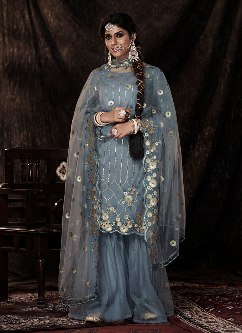 Grey Color Elbow Sleeves Sharara Suit With Fully Sequins Work Clothsvilla Main image