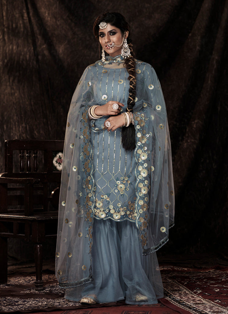 Grey Color Elbow Sleeves Sharara Suit With Fully Sequins Work Clothsvilla