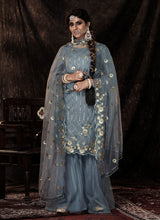 Load image into Gallery viewer, Grey Color Elbow Sleeves Sharara Suit With Fully Sequins Work Clothsvilla