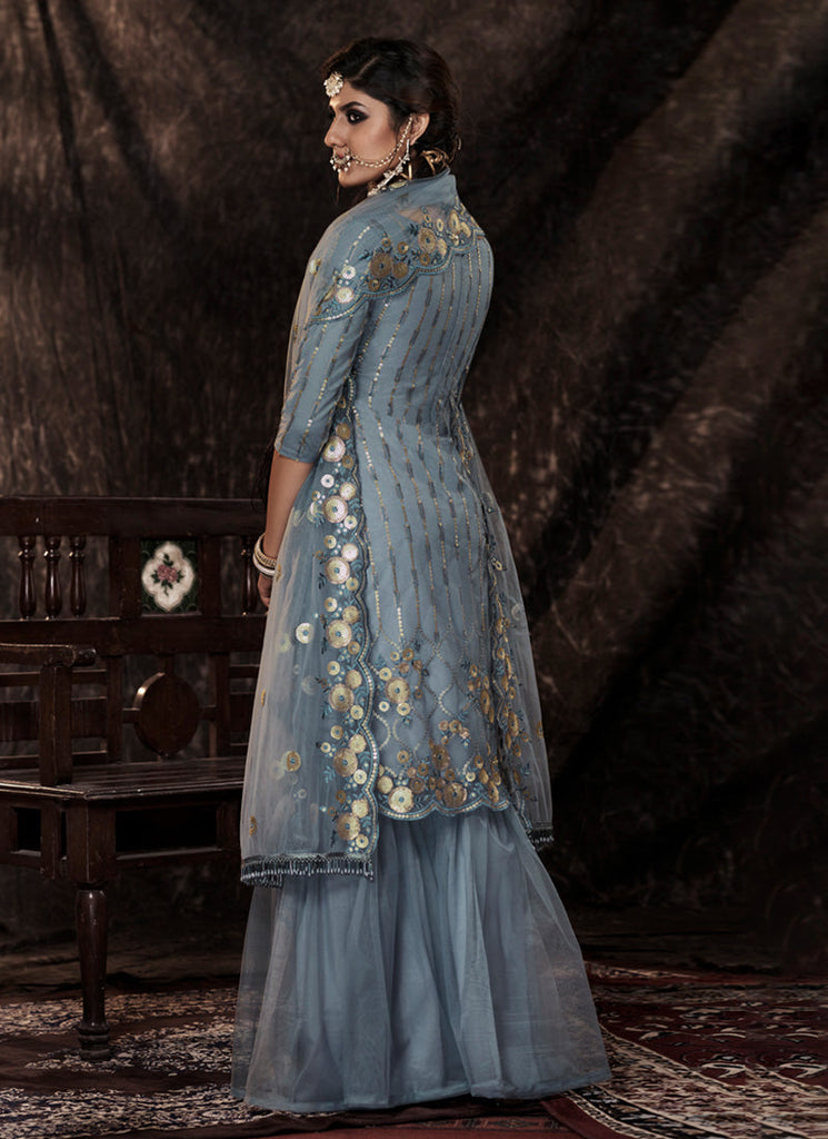 Grey Color Elbow Sleeves Sharara Suit With Fully Sequins Work Clothsvilla