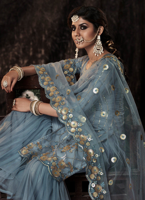 Grey Color Elbow Sleeves Sharara Suit With Fully Sequins Work Clothsvilla