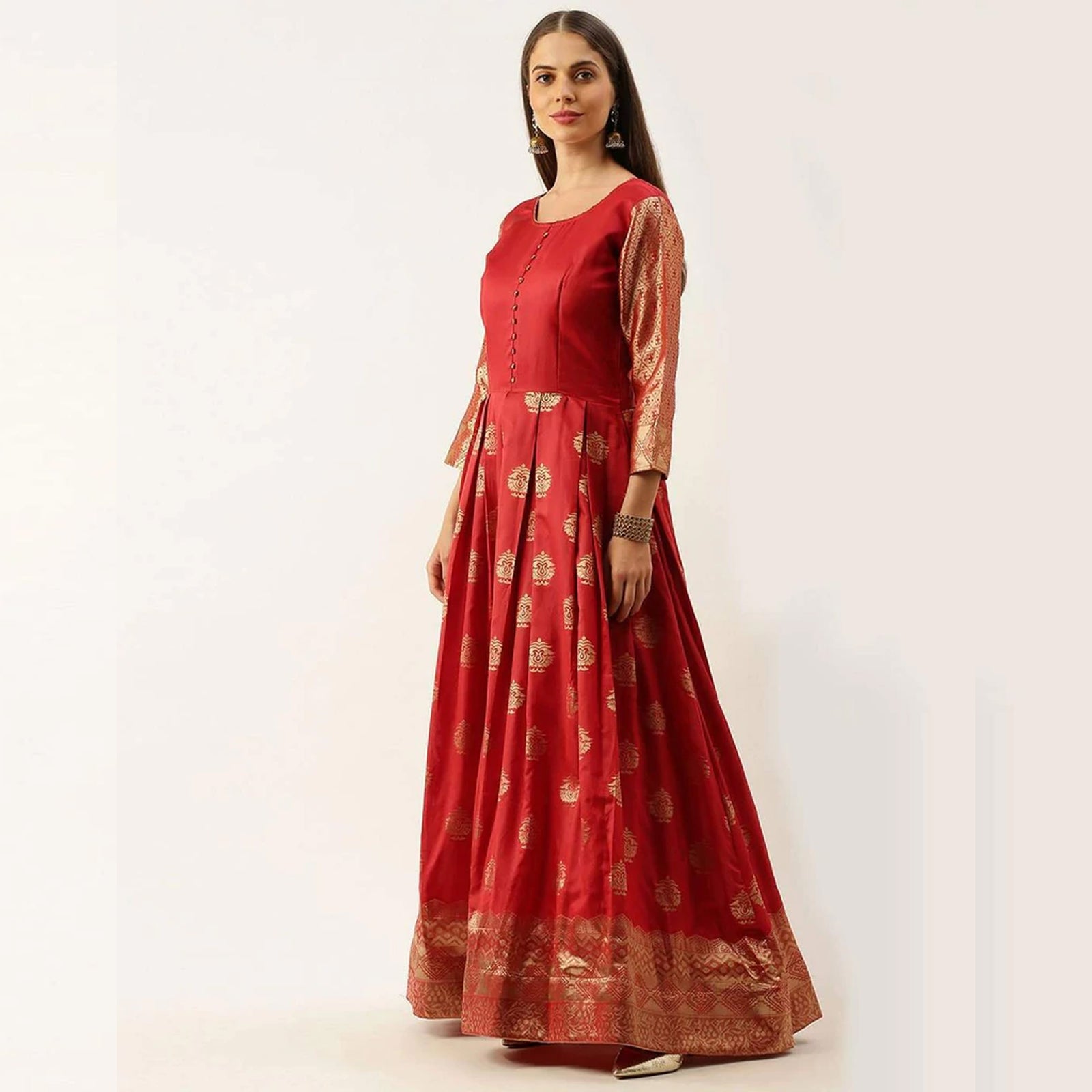 Red Color Soft Silk Box Cut Style Ready to Wear Gown ClothsVilla