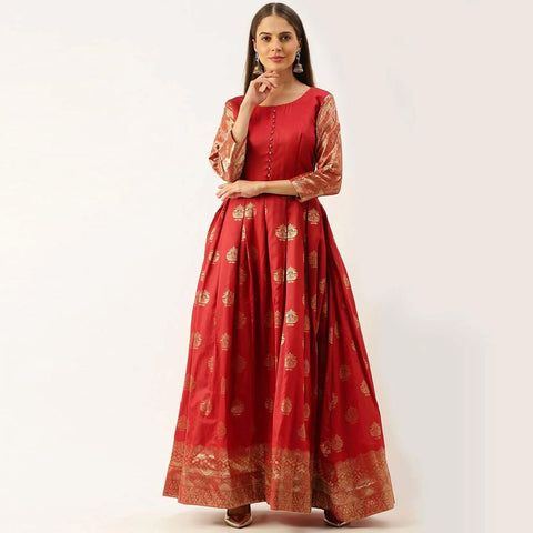 Red Color Soft Silk Box Cut Style Ready to Wear Gown ClothsVilla Main image