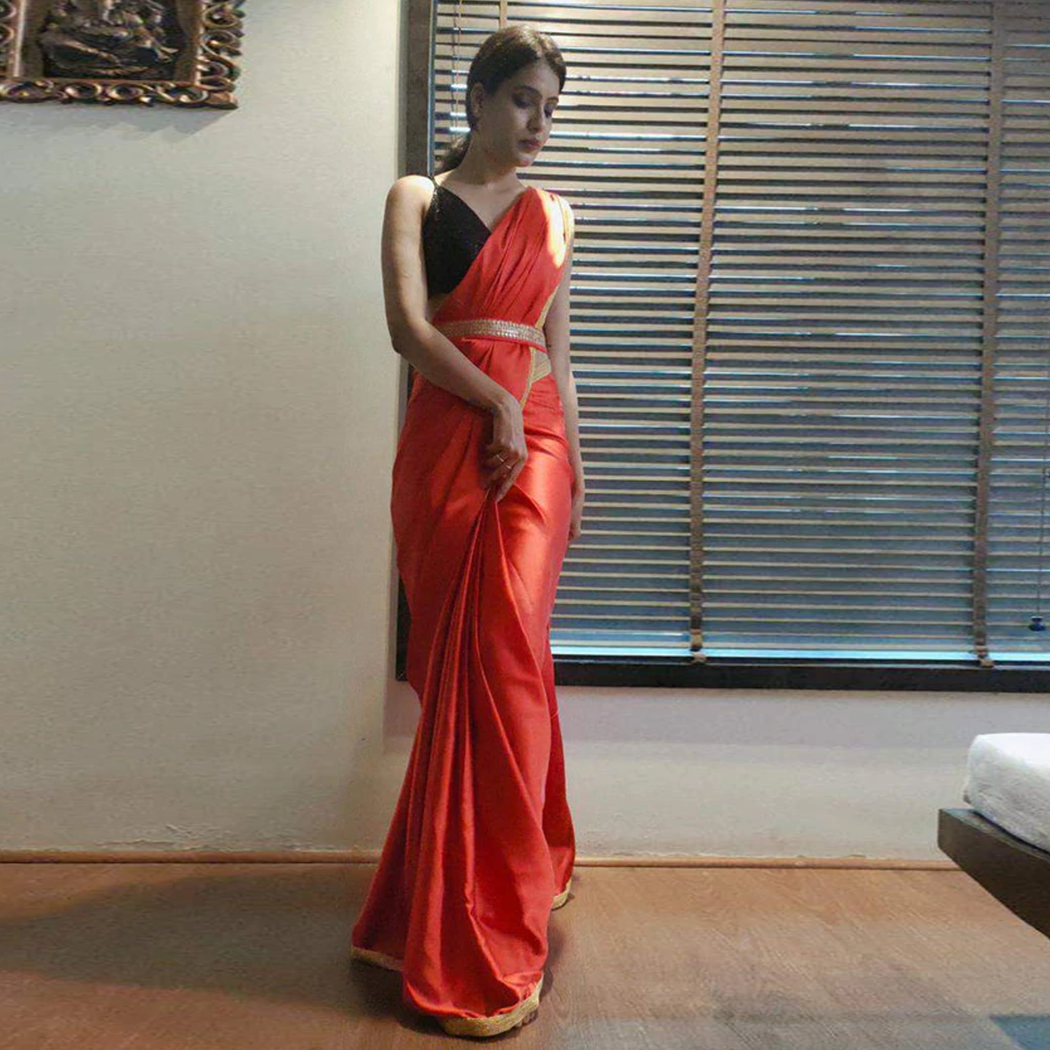Red Colored Ready to wear Satin Saree Secondary image