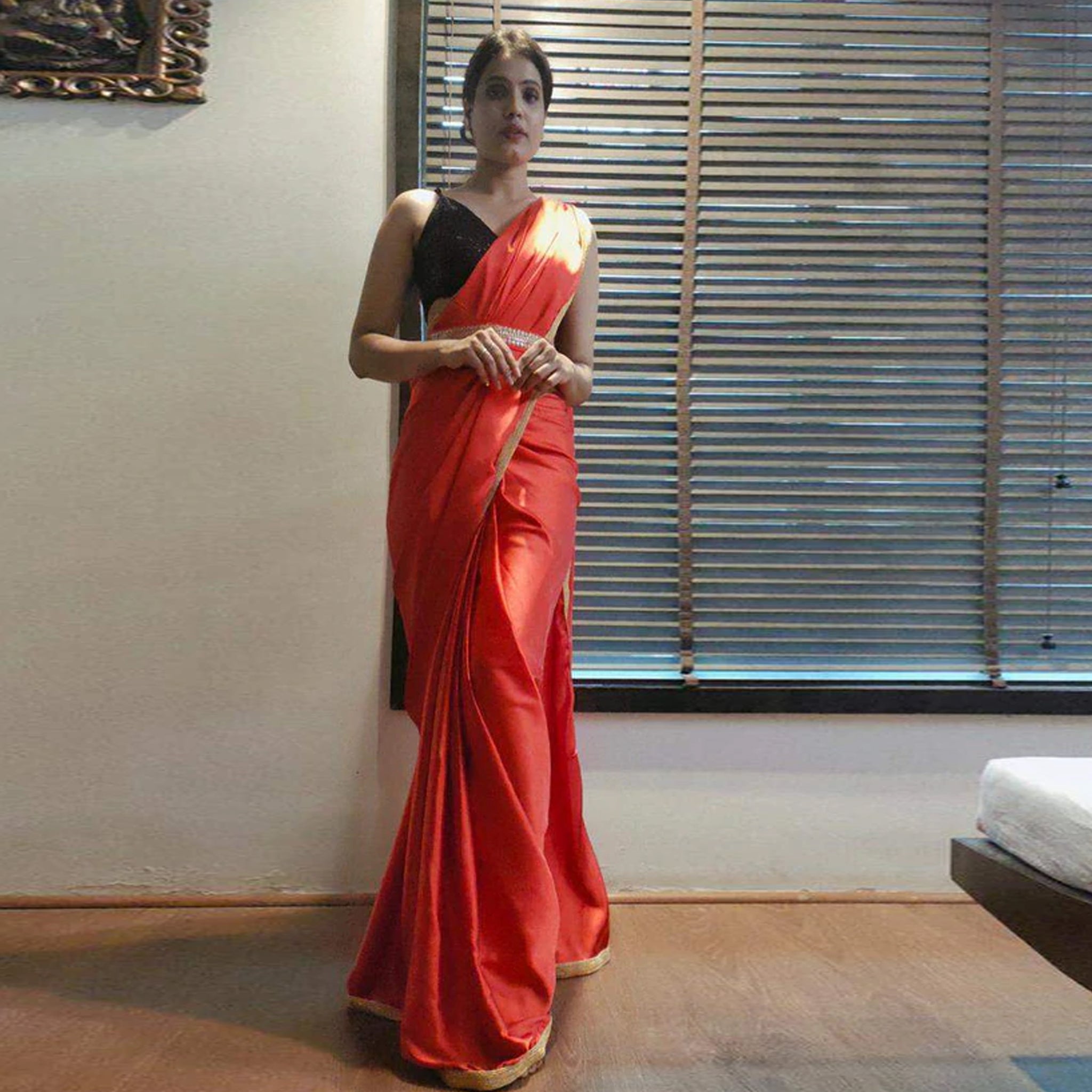 Red Colored Ready to wear Satin Saree ClothsVilla Main image