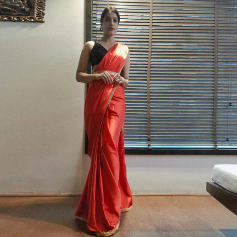 Red Colored Ready to wear Satin Saree ClothsVilla Main image