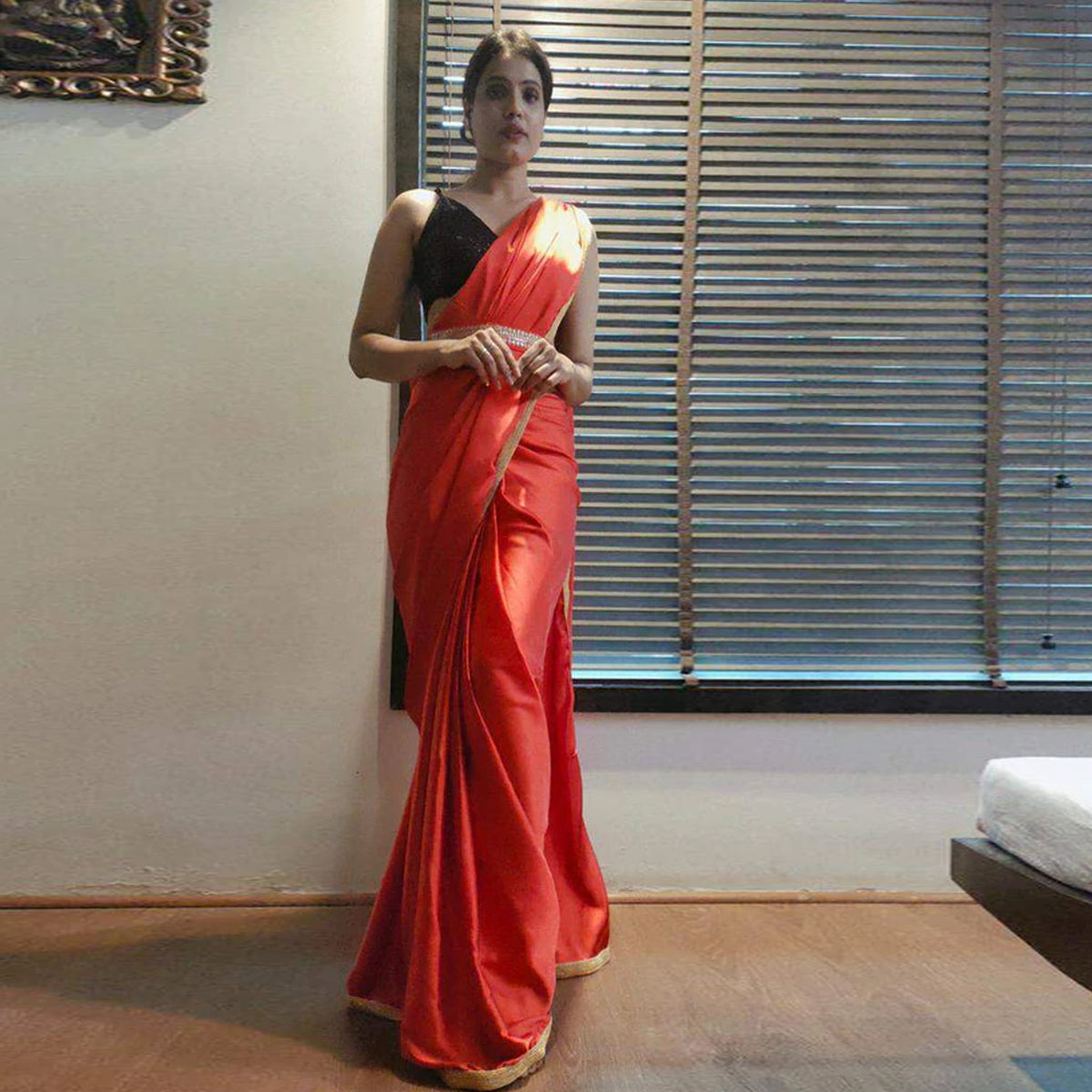 Red Colored Ready to wear Satin Saree - Clothsvilla