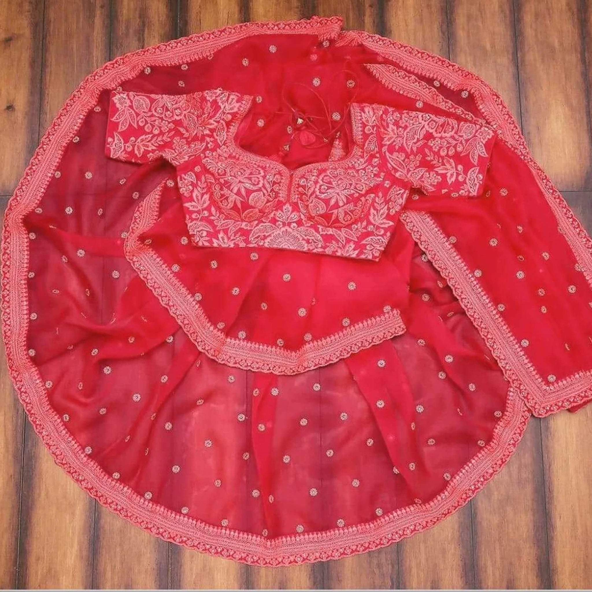 Red Glow Colored Rangoli Satin Sequence Work Saree - Clothsv