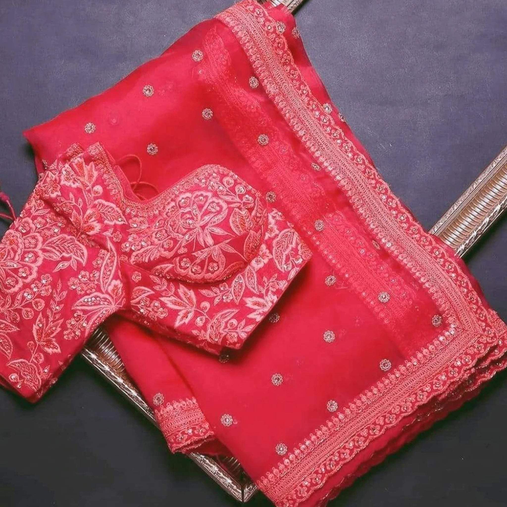 Red Glow Colored Rangoli Satin Sequence Work Saree ClothsVilla Main image