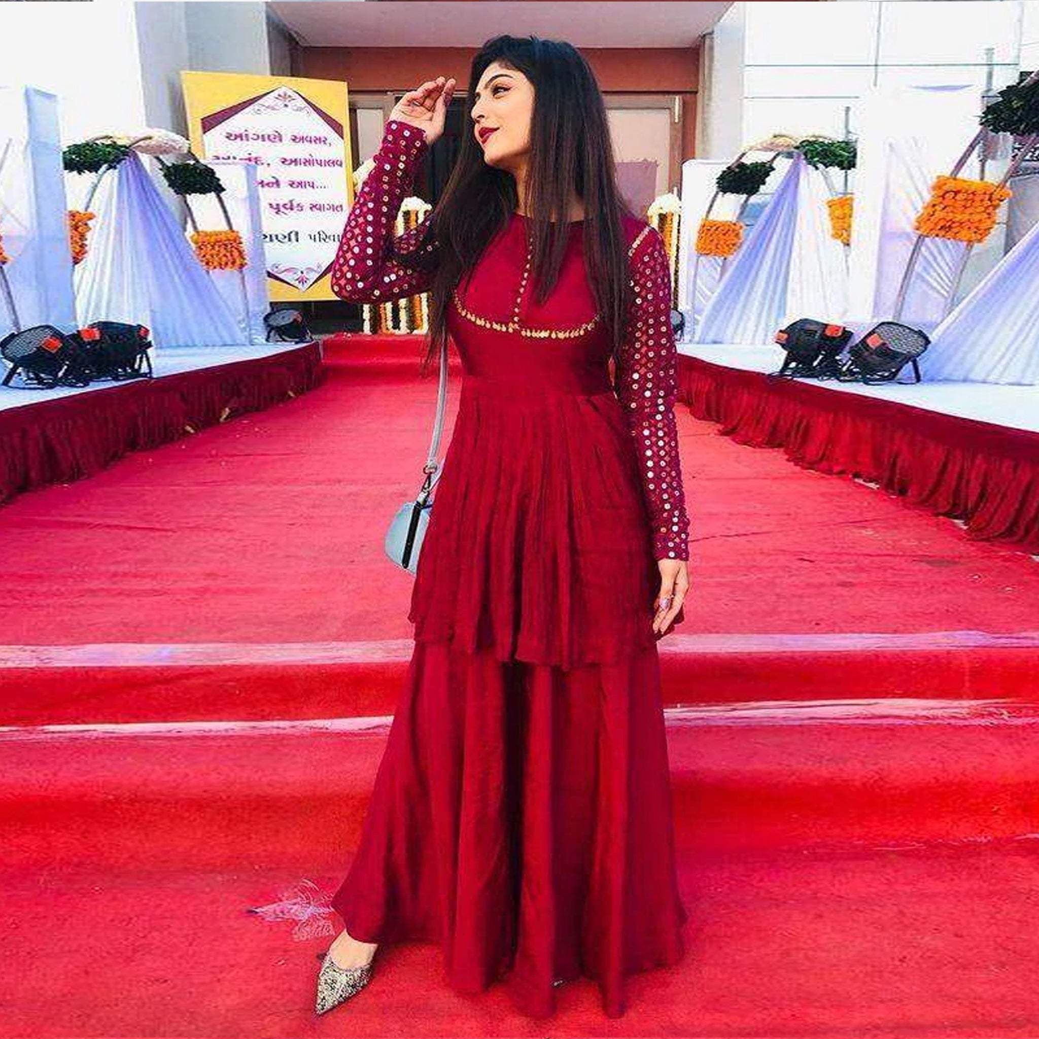 Red Kurti Palazzo in Rayon Silk with Embroidery Work Secondary image