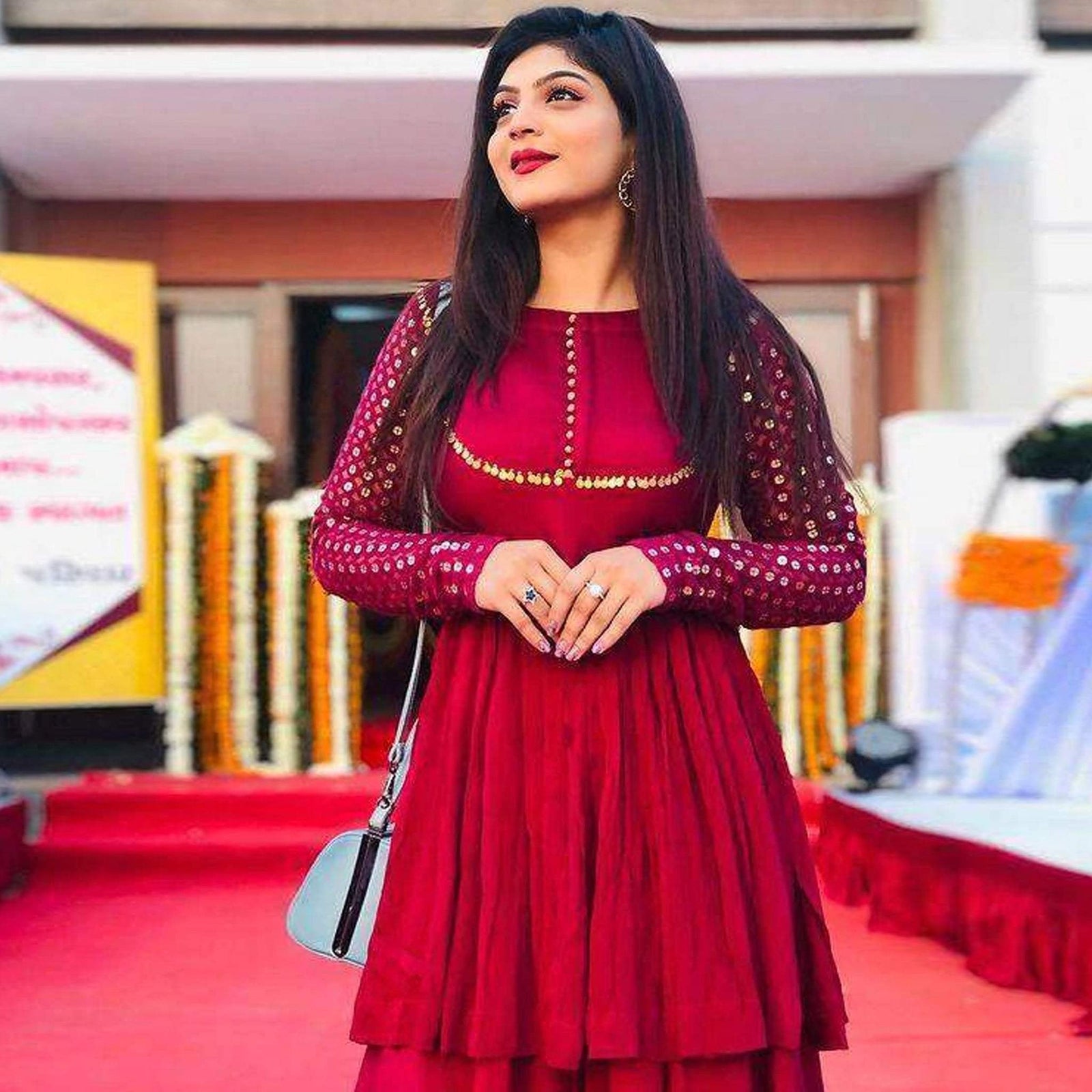 Red Kurti Palazzo in Rayon Silk with Embroidery Work ClothsVilla
