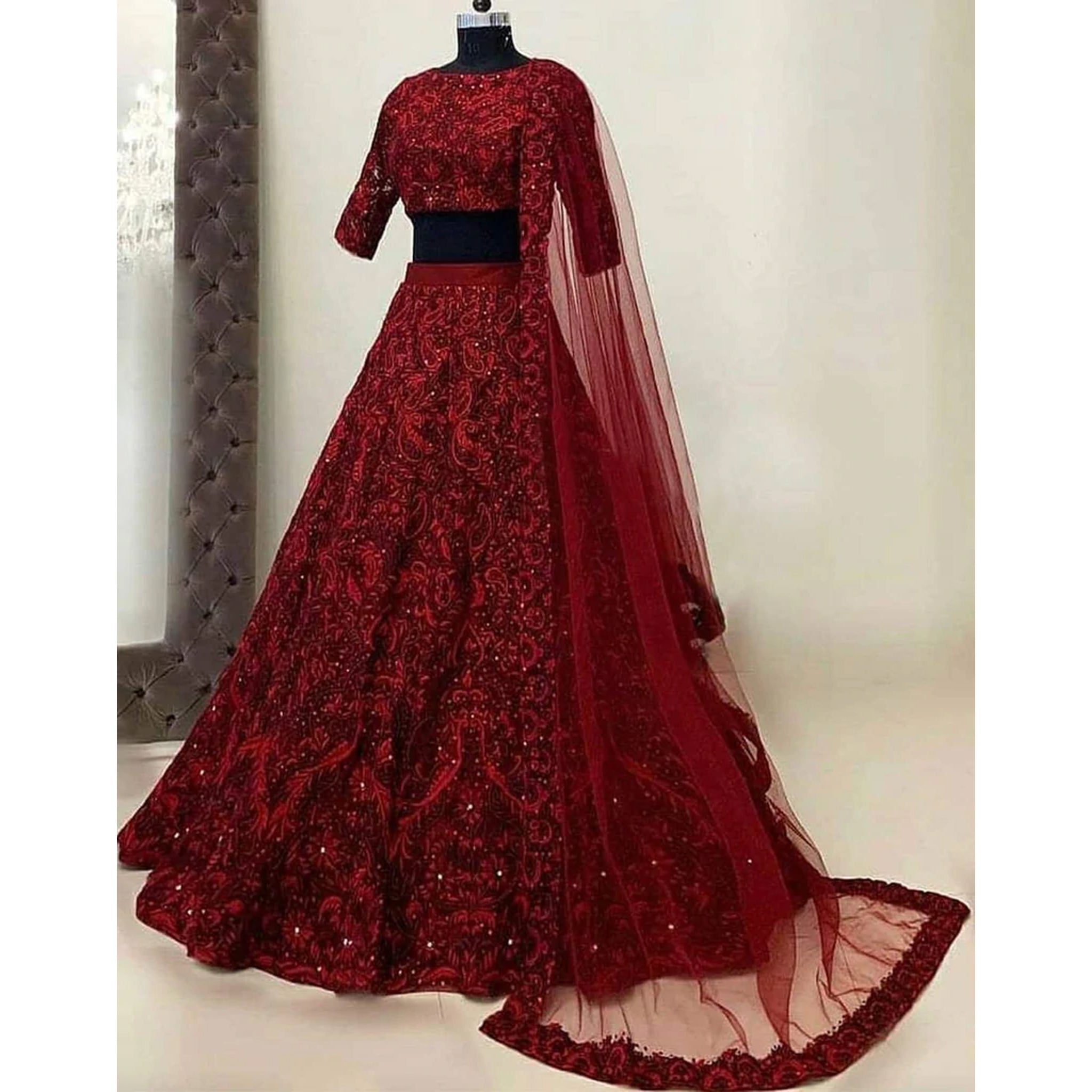 Red Lehenga Choli with Heavy Thread and Sequence Work ClothsVilla Main image