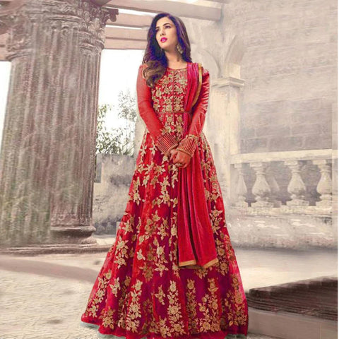 Red Net Designer Gown with Heavy Embroidery And Stone Work ClothsVilla Main image