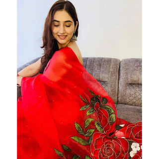 Red Organza Silk Saree with Beautiful Handprint Kardana Work and Silk Blouse for Wedding ClothsVilla