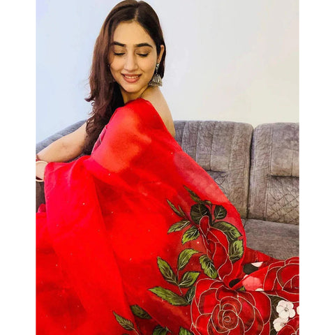 Red Organza Silk Saree with Beautiful Handprint Kardana Work and Silk Blouse for Wedding ClothsVilla Main image