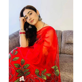 Red Organza Silk Saree with Beautiful Handprint Kardana Work and Silk Blouse for Wedding ClothsVilla