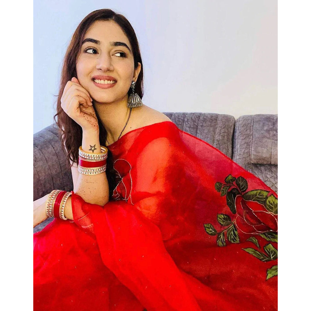 Red Organza Silk Saree with Beautiful Handprint Kardana Work and Silk Blouse for Wedding ClothsVilla