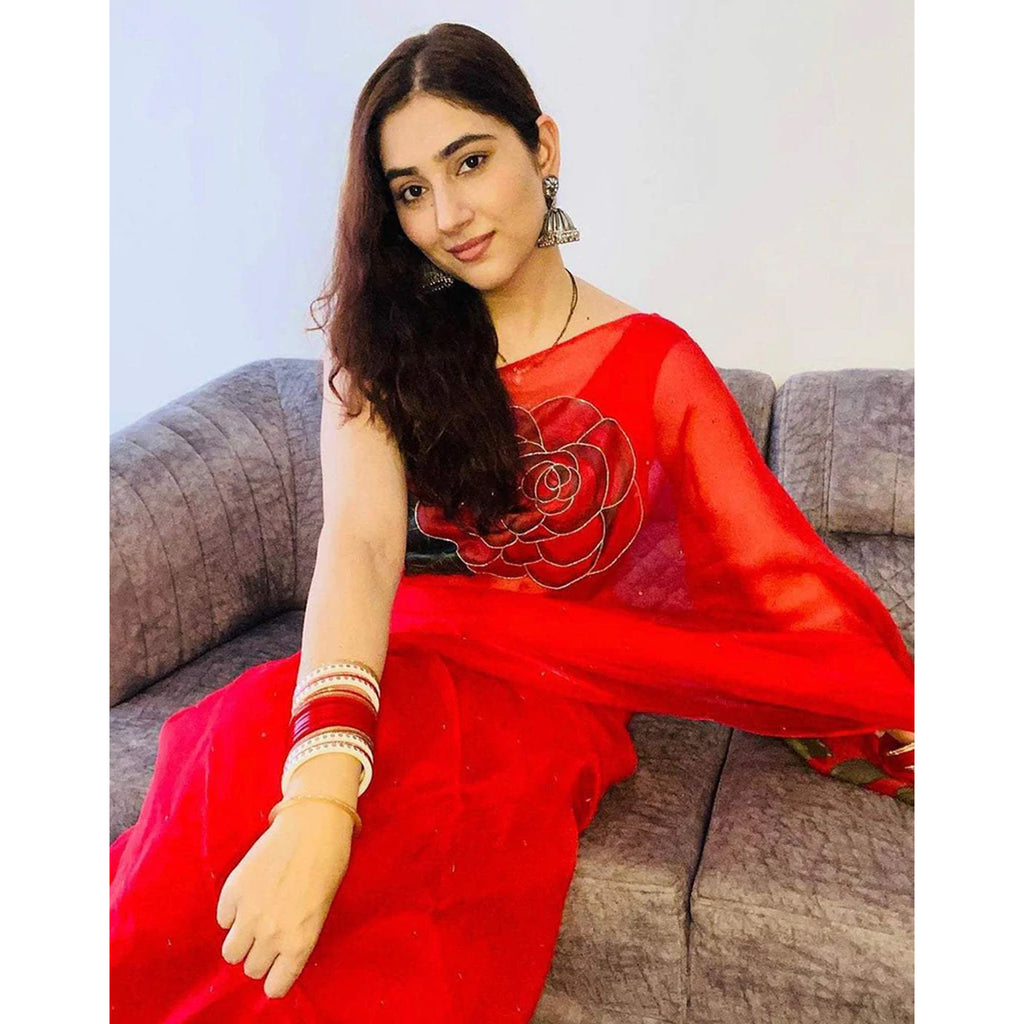 Red Organza Silk Saree with Beautiful Handprint Kardana Work and Silk Blouse for Wedding ClothsVilla