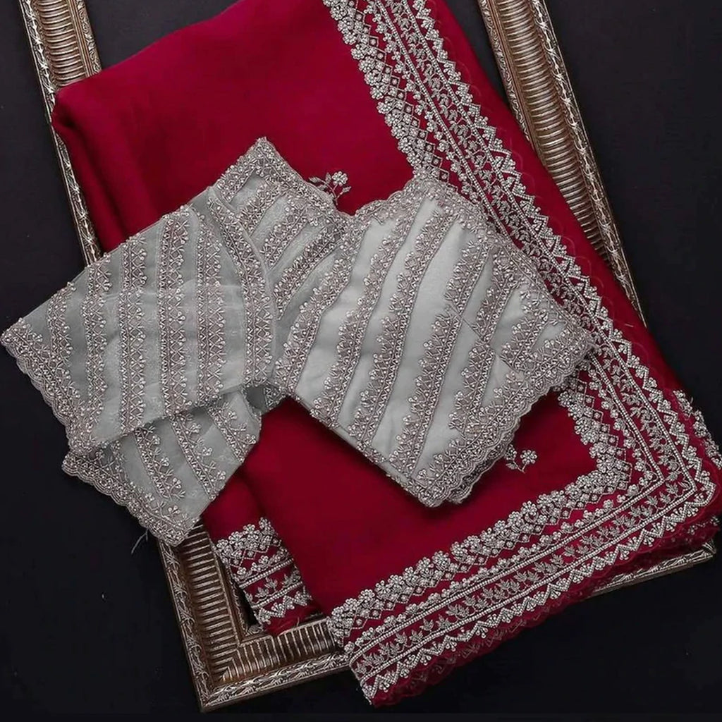Red Organza Silk Saree with Embroidery Work for Wedding ClothsVilla