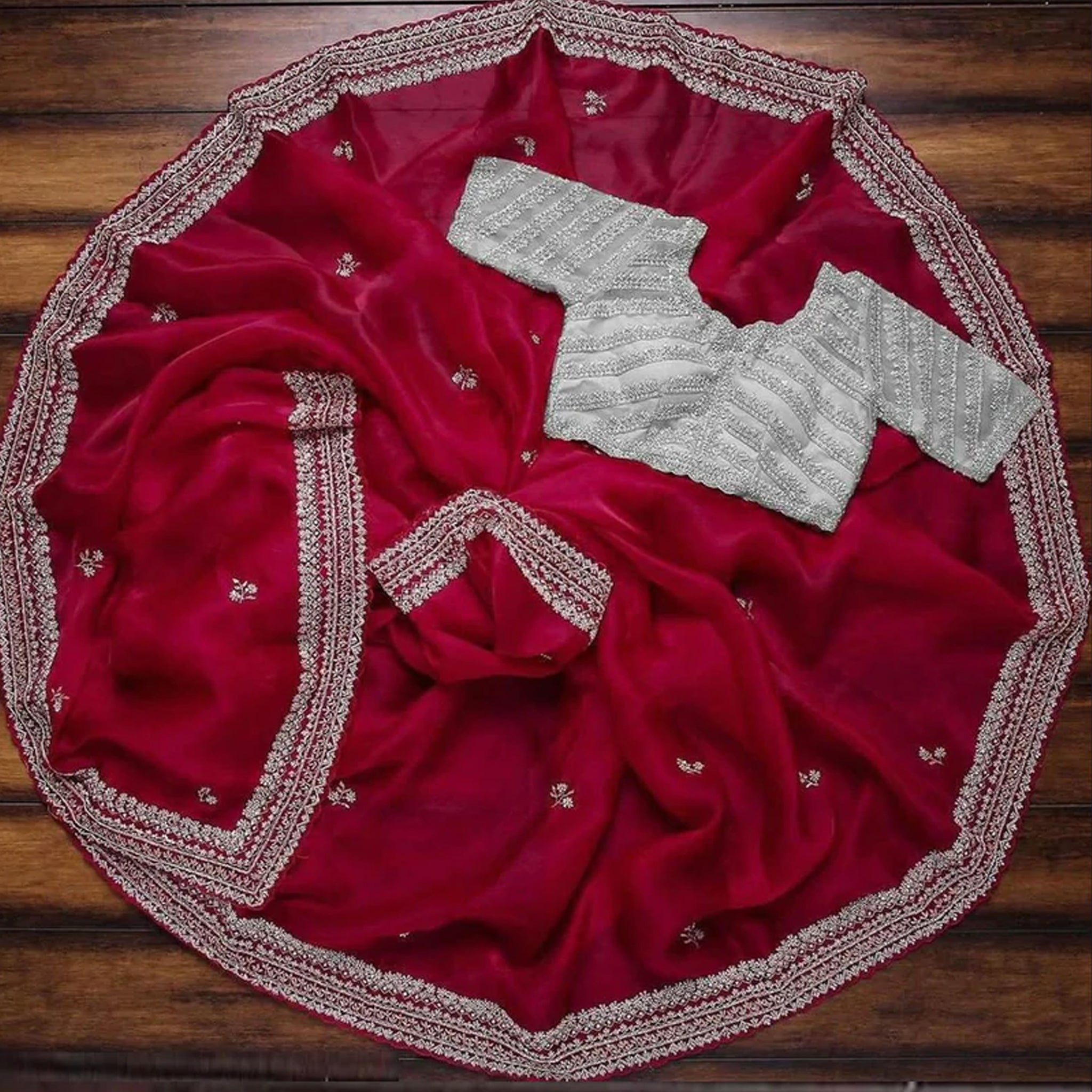 Red Organza Silk Saree with Embroidery Work for Wedding ClothsVilla