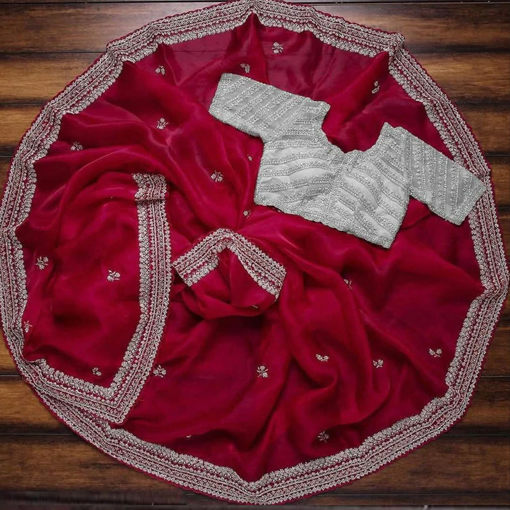 Red Organza Silk Saree with Embroidery Work for Wedding ClothsVilla