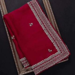 Red Organza Silk Saree with Embroidery Work for Wedding ClothsVilla
