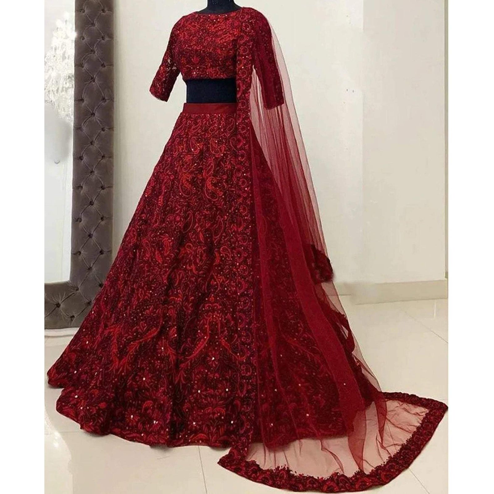 Red Soft Net Designer Embroidered Sequence Work Lehenga Choli ClothsVilla