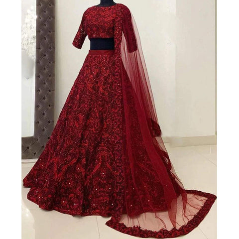 Red Soft Net Designer Embroidered Sequence Work Lehenga Choli ClothsVilla Main image