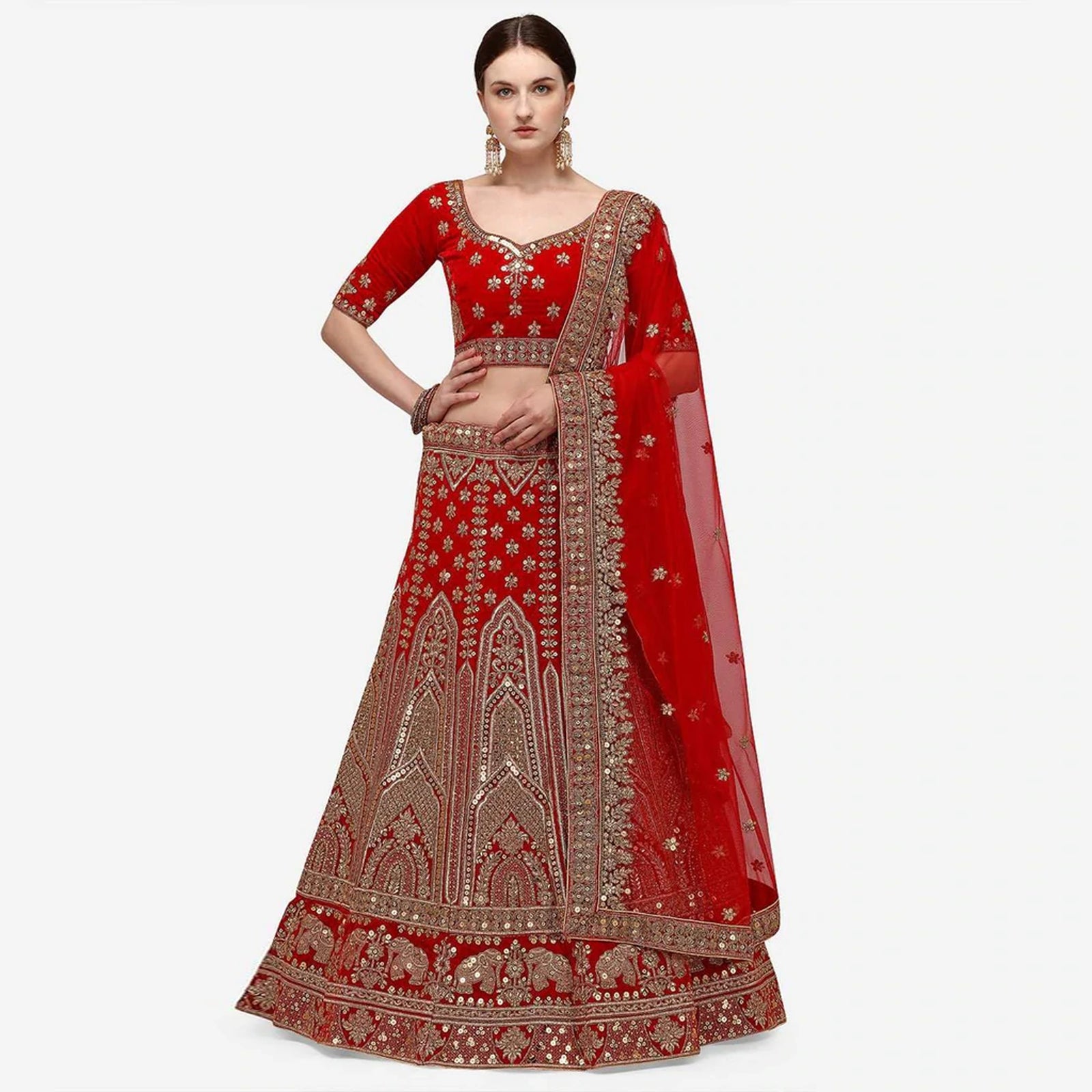 Red velvet Bridal Lehenga Choli with Sandwich Sequence work ClothsVilla