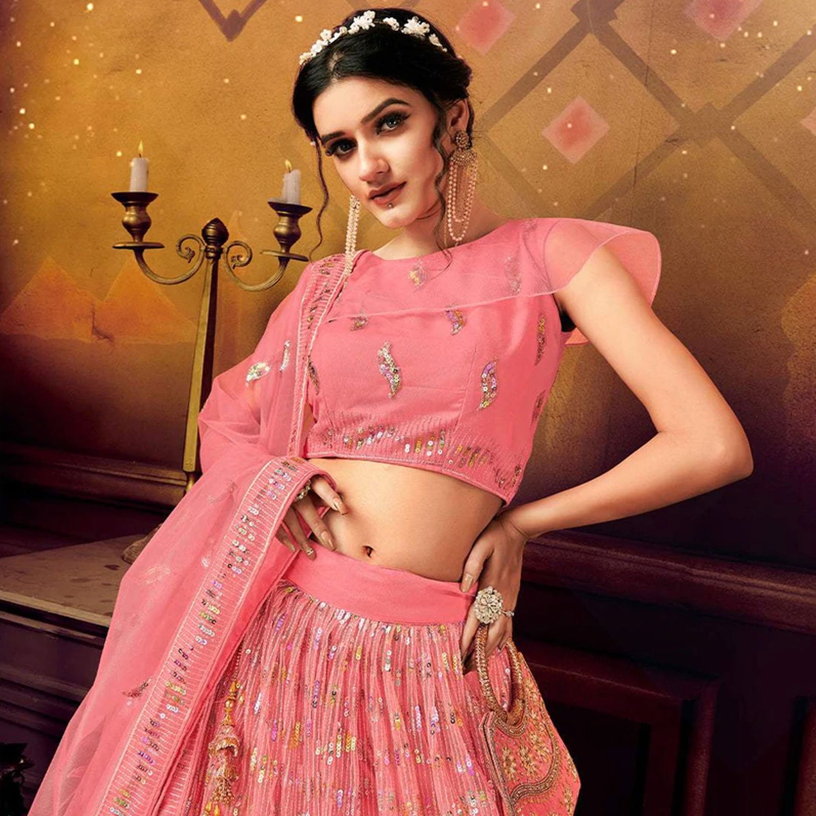 Rose Pink color Soft Net Lehenga with Heavy Sequence work ClothsVilla
