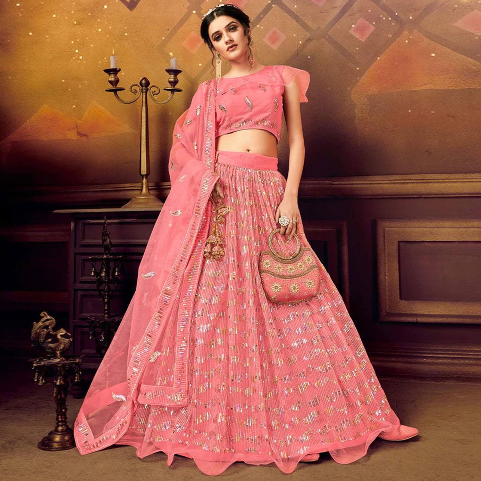 Rose Pink color Soft Net Lehenga with Heavy Sequence work ClothsVilla