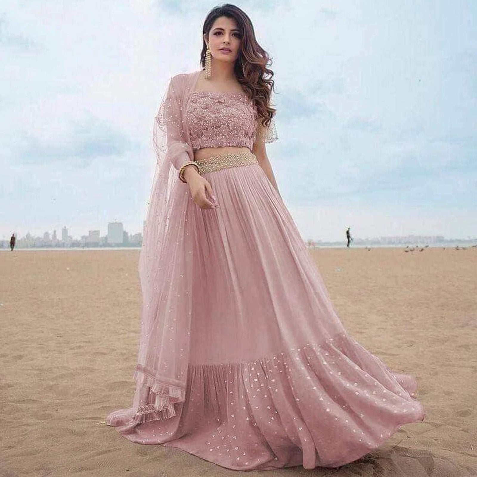 Ruffle Lehenga Choli in Sand Pink Color and Georgette with Embroidery ClothsVilla