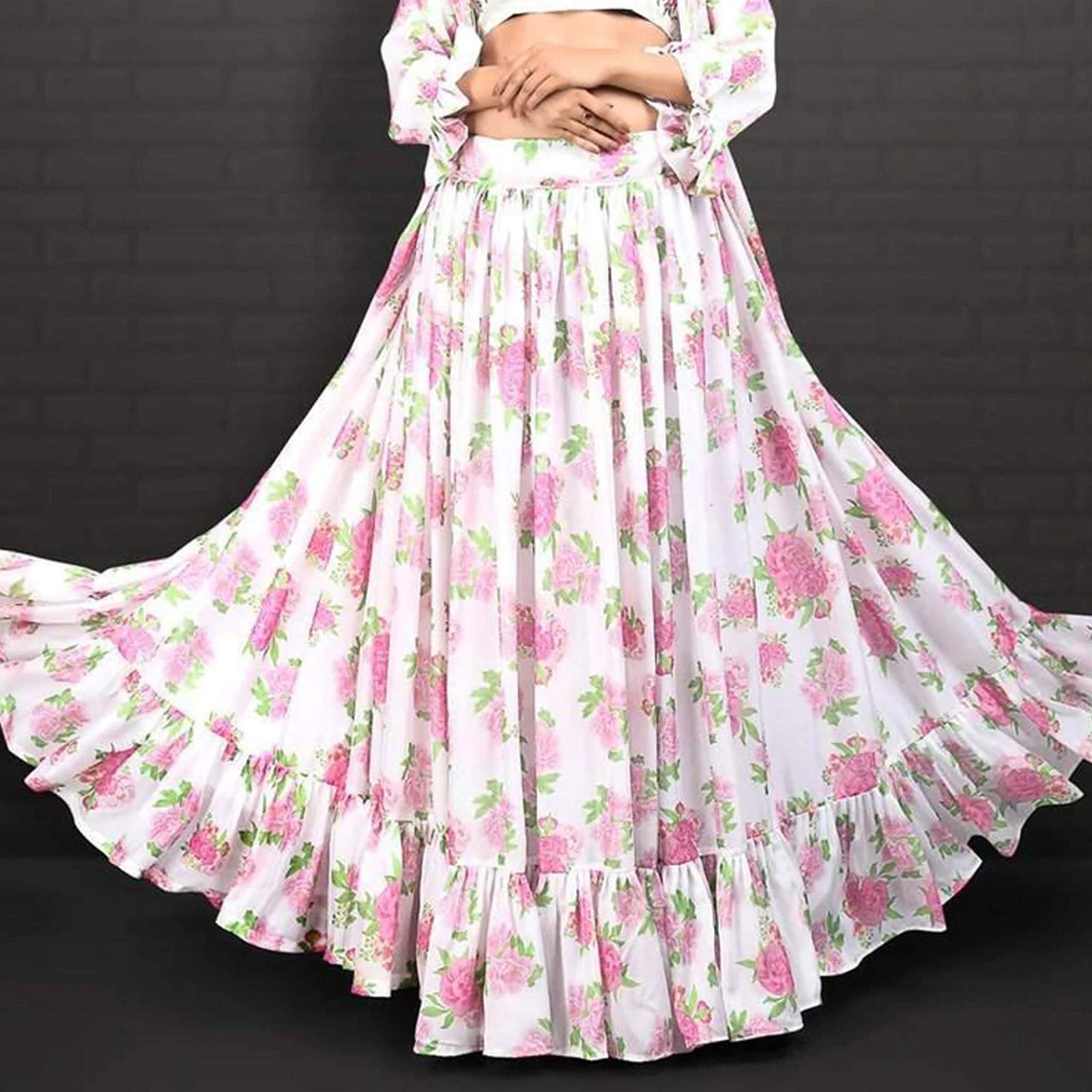 Ruffled White Floral Digital Printed Jacket Lehenga in Georgette ClothsVilla