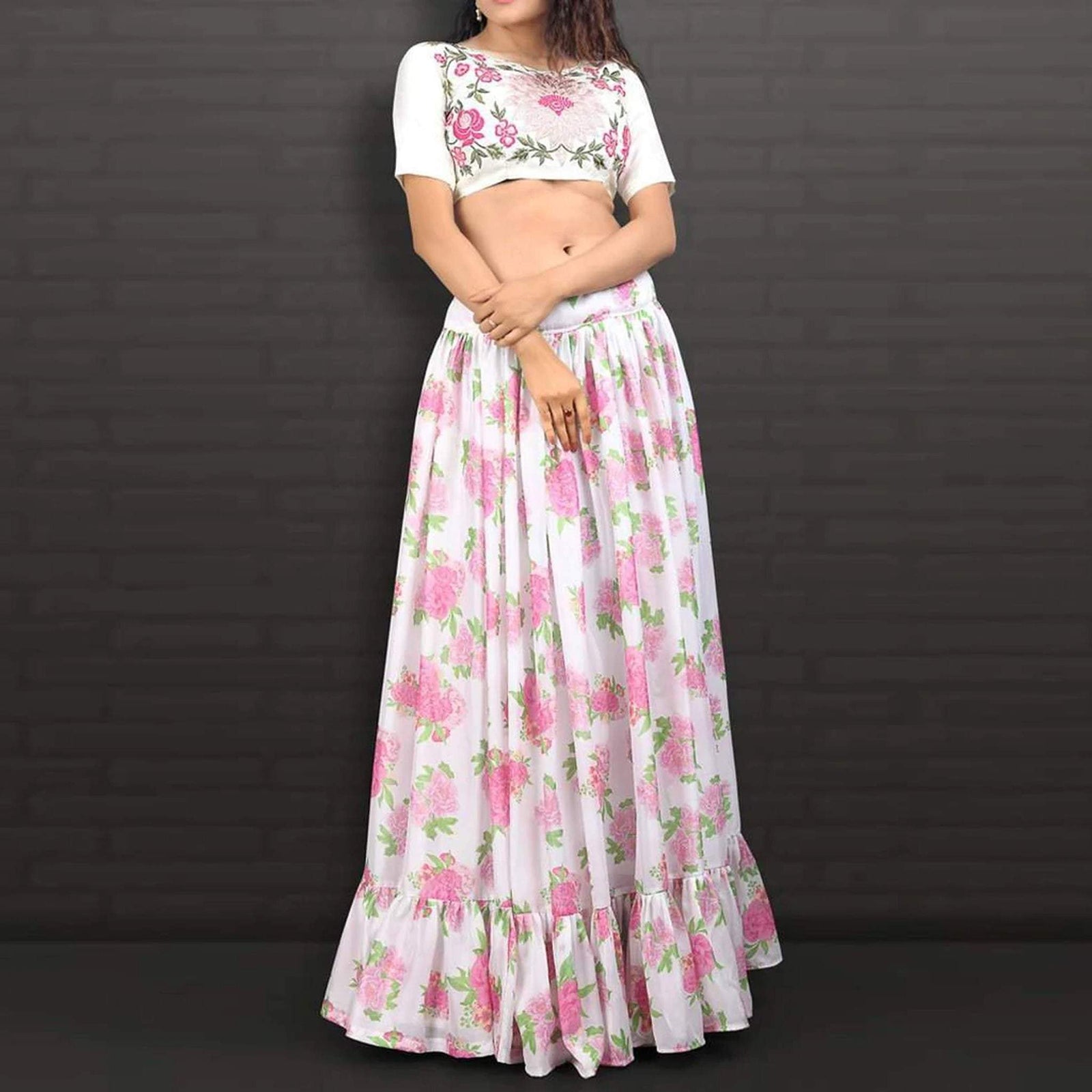 Ruffled White Floral Digital Printed Jacket Lehenga in Georgette ClothsVilla